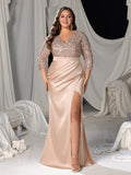 Plus Sequined V-Neck Mermaid Gown with Ruffled Satin Skirt & High Slit