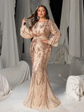 Plus Gorgeous Lantern Sleeves Mermaid Hem Graphic Sequin Evening Dress