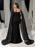 Plus Size Gorgeous Square Neck Cape Evening Gown - Mermaid Dress with Sheer Overlay