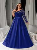 Plus Size Elegant Lace One-Shoulder Evening Gown - Formal Dress with Single Sleeve & Waist Belt