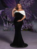 Maternity Color Block Off Shoulder Mermaid Hem Evening Dress