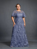 Plus Womens' Floral Embroidered Butterfly Sleeves A Line Formal Evening Dress