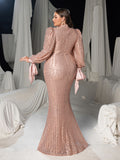 Plus Luxury Sequin Mock Neck Lantern Sleeves Mermaid Hem Formal Dress