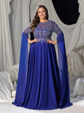 Plus Chiffon Evening Gown with Sequins, Beads & Geometric V-Details, Long Sleeve Cape & Full Flowing Skirt