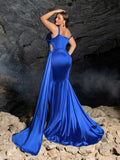 Plus Elegant Draped Cowl Neck Formal Dress / Beaded Strap & Fishtail Hem