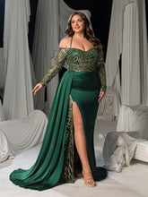 Plus Evening Gown with Golden Sequin Access – Off-Shoulder Design & High Slit for Luxury Brand Launches or Editorial Fashion Photography, 1XL-3XL