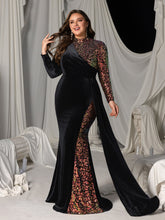 Plus Asymmetric Mermaid Gown with Velvet and Sequins, High Neck & Long Sleeves