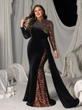 Plus Asymmetric Mermaid Gown with Velvet and Sequins, High Neck & Long Sleeves