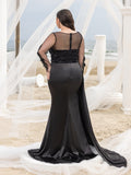 Plus Elegant Sequin Bodice Sheer Sleeves Mermaid Hem Satin Evening Dress