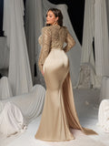 Plus Round Neck Long Sleeves Formal Evening Dress with Sequin Bodice and Satin Mermaid Skirt