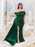 Plus Elegant Off Shoulder Draped Side Split Mermaid Hem Sequin Evening Dress