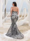 Plus Elegant Halter Neck Backless Floral Sequin Mermaid Dresses