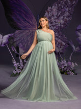 Plus Maternity One-Shoulder Gown with Asymmetrical Tulle Skirt & Sheer Elegance – 1XL-5XL Pregnancy Photoshoot Dress