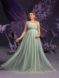 Plus Maternity One-Shoulder Gown with Asymmetrical Tulle Skirt & Sheer Elegance – 1XL-5XL Pregnancy Photoshoot Dress