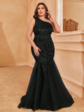 Plus One Shoulder Contrast Mesh Sequin Mermaid Dress - Elonnashop