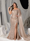 Plus Sequin One-Shoulder Mermaid Gown with Square Neckline and Tulle Shawl