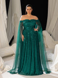 Plus Off-Shoulder Sequined Gown with Flowing Cape – Luxury Evening Wear for Weddings or Red Carpet Events, 1XL-5XL