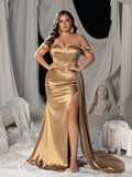 Plus Off Shoulder Beaded Satin Mermaid Gown with High Slit & Floor-Length Train