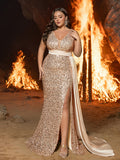 Plus Elegant Sequin Gown with High Slit & Draped Train – Luxury Evening Wear for Red Carpet, Gala Dinners & Luxury Weddings, 1XL-3XL