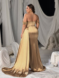 Plus Off Shoulder Beaded Satin Mermaid Gown with High Slit & Floor-Length Train