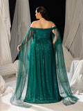 Plus Off-Shoulder Sequined Gown with Flowing Cape – Luxury Evening Wear for Weddings or Red Carpet Events, 1XL-5XL