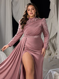 Plus High-Neck Long-Sleeve Beaded Mermaid Gown with High Slit & Floor-Length Train