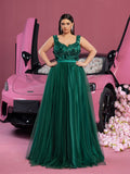 Plus Elegant Scoop Neck Floral Applique Bodice Tulle Evening Dress