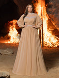 Plus Embellished High Neck Formal Dress | Long Sleeve Gown with Statement Waist & Full Skirt