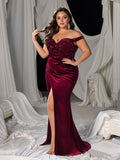Plus Off-Shoulder Mermaid Gown with Sequined Velvet, High Slit & Floor-Length Train