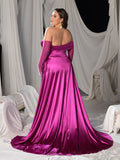Plus Satin Off Shoulder Mermaid Evening Dress with Pearl Accents