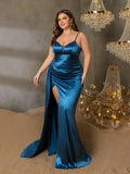 Plus Elegant Ruched Side Draped Satin Cami Evening Dress