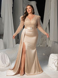 Plus Size Deep V-Neck Lace-Up Back Beaded Mermaid Evening Gown - Formal Dress with Belted Waist