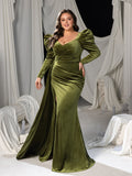 Plus Elegant Velvet Gown with Thigh-High Slit & Puff Sleeves �Luxury Evening Wear for Red Carpet, Gala Dinners & High-End Parties