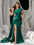 Plus Asymmetric One-Shoulder Satin Mermaid Gown with Floral Rhinestone & High Slit
