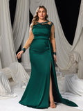 Plus Evening Gown with Lace Accents & High Slit – Silk Satin Bodycon Dress for Luxury Evenings, 1XL-3XL