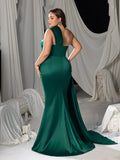 Plus Asymmetric One-Shoulder Satin Mermaid Gown with Floral Rhinestone & High Slit