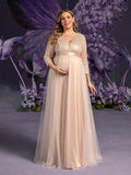 Plus Maternity Plunging Neck 3/4 Sleeves Sequin Formal Party Dress