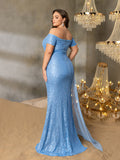 Plus Off Shoulder Sweetheart Neck Split Thigh Sequin Party Dress