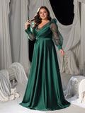 Plus Satin A-line Evening Gown with V-Neck, Tulle Puff Sleeves and High Slit