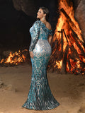 Plus One-Shoulder Geometric Sequin Gown | Long Sleeve Mermaid Dress