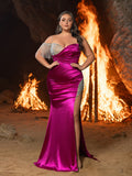Plus One-Shoulder Satin Evening Gown with Crystal Fringe & Thigh Slit