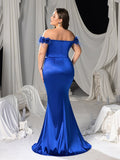 Plus Off Shoulder Mermaid Hem Satin Evening Dress with Floral Accents