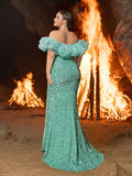 Plus Off Shoulder Ruffle Trim Split Thigh Sequin Mermaid Dress