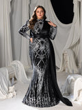 Plus Sequined High-Neck Long-Sleeve Mermaid Gown with Satin Drapes & Tail