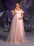 Plus Maternity Off Shoulder Ruched Bust Split Tulle Evening Dress