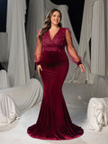 Plus Size V-Neck Puff Sleeves Velvet Mermaid Formal Dress with Pearl Accents