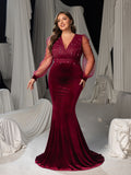 Plus Size V-Neck Puff Sleeves Velvet Mermaid Formal Dress with Pearl Accents