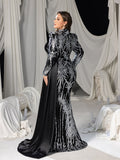 Plus Sequined High-Neck Long-Sleeve Mermaid Gown with Satin Drapes & Tail