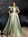 Plus Satin Evening Gown with Bow Shoulder & Dramatic High Slit – Luxurious Evening Wear for Red Carpet, Formal Galas & Wedding Receptions