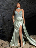 Plus Beaded Sweetheart Mermaid Gown | Spaghetti Straps with Side Slit & Cascading Train